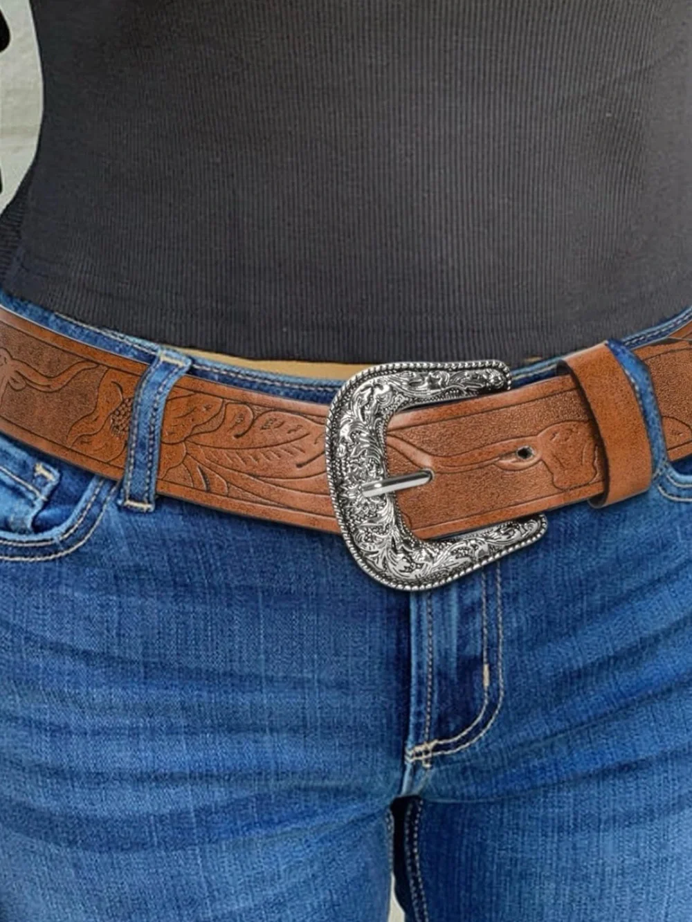 Western-Leather-Belts-Women Vintage Waist-Belts with Hollow Out Flower
